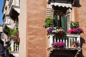 Fototapeta na wymiar Balconies in Venice Covered With Flowers in Apartment Building
