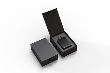 Obraz premium Blank perfume bottle in hard box for branding, 3d render illustration.