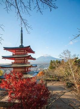 Mt. Fuji viewed from behind Five Storied Pagoda “Chureito” at Fujiyoshida city Yamanashi pref Japan.