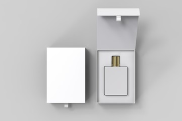 Blank perfume bottle in hard box for branding, 3d render illustration.