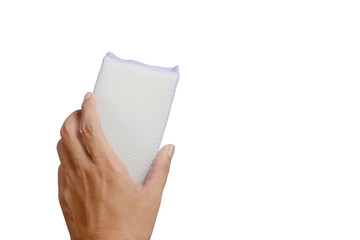 Hand holding Mesh dishwashing sponge isolated on white background