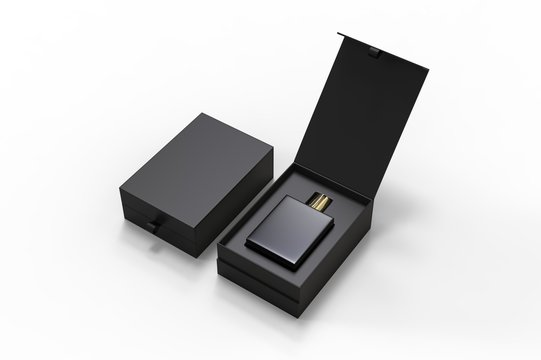 Blank perfume bottle in hard box for branding, 3d render illustration.