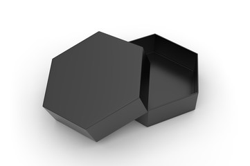 Blank hexagonal paper hard box for gift items and branding, 3d render illustration.