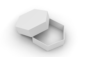 Blank hexagonal paper hard box for gift items and branding, 3d render illustration.