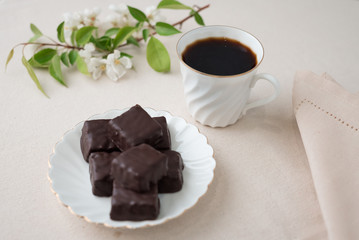 Spring morning. Fragrant coffee and handmade chocolates.