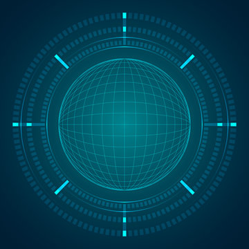 HUD Sphere Grid With 3 Degree Indicator On Blue Dark Background Digital Screen.