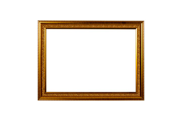 Single golden wooden frame isolated on white background