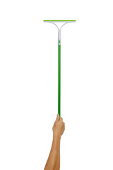 Man's hand holding green Wiping glass with a long handle isolated on white background.