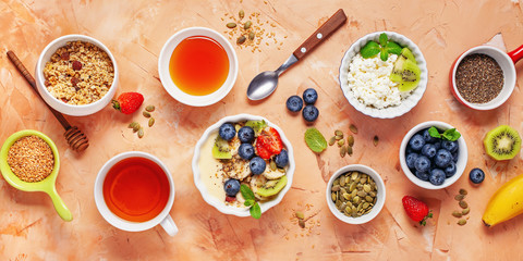 Healthy breakfast set with tea and granola. Top view. Flat lay
