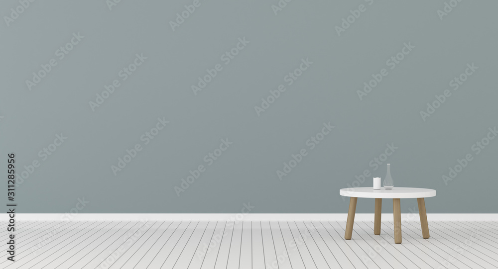 Poster View of living room with round side table and glass bottle on empty wall background. 3d rendering.