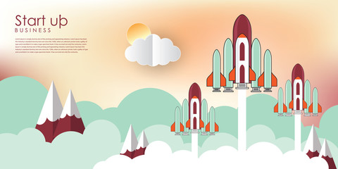 Infographic with rocketship and startup icon flat design. Vector illustration.