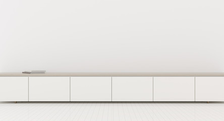 View of minimal living room with empty wall. Interior with TV cabinet. 3d rendering.	