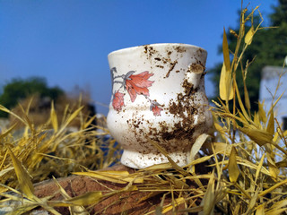 a white clay tea cup with dirt put on a dry yellow grass