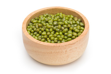 Mung beans in a wooden bowl on white background with clipping path.