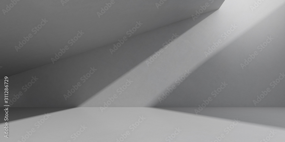 Aufkleber Abstract of concrete interior space with sun light cast the shadow on the wall and floor,Geometric structure design,Perspective of brutalism  architecture,3d rendering.