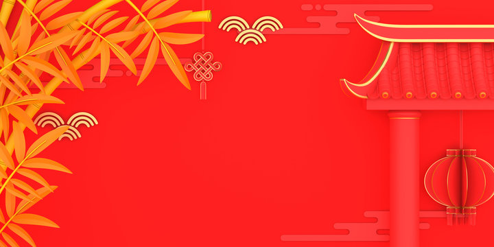 Happy Chinese new year banner, red and gold lantern and knot firecracker bamboo paper cut traditional gate on background. Design creative concept of china festival celebration. 3D illustration.