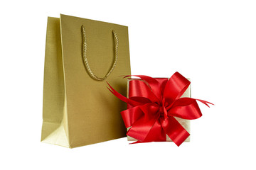 Shopping bag and gift box with red ribbon , Isolated on white background