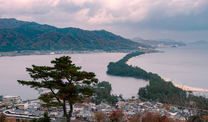 High angle view of Amano hashidate in Kyoto, one of three best landscapes in Japan, it's name means "bridge in heaven".