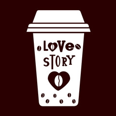 A coffee paper cup with a plastic lid, color vector illustration drawn by hand in brown color with inscription Love story