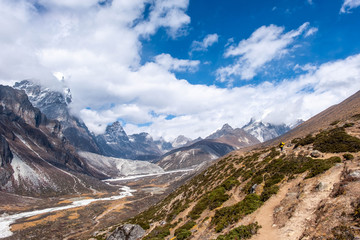 Fototapeta na wymiar Himalayas landscape view with blue sky. Sagarmatha national park, Everest area, Nepal