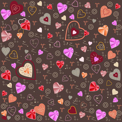 Naklejka premium hearts of pink and red, many decorative elements, brown background, seamless pattern, vector