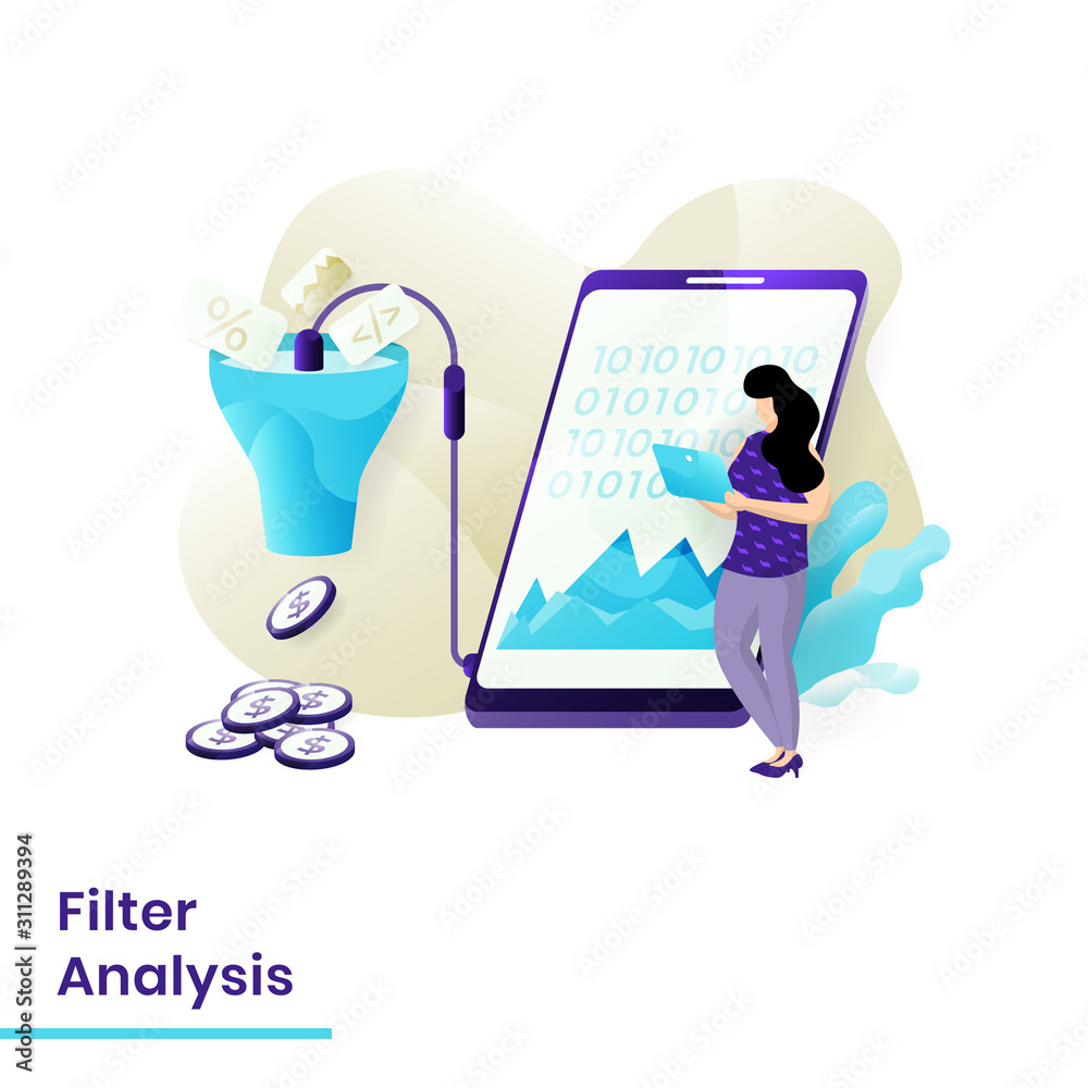 Poster filter analysis website template design. landing page modern flat concept of web page design for web