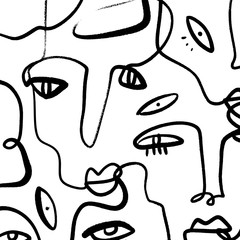 Abstract Fashion Artistic Portrait Painted Illustration Of People Faces Silhouette Group Pattern One Line Drawing Abstraction Modern Aesthetic Print Minimalism Interior Contour Handdrawn Lineart Conti - obrazy, fototapety, plakaty