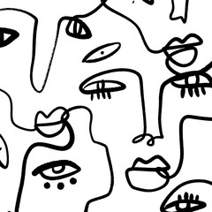 Abstract Fashion Artistic Portrait Painted Illustration Of People Faces Silhouette Group Pattern One Line Drawing Abstraction Modern Aesthetic Print Minimalism Interior Contour Handdrawn Lineart Conti - obrazy, fototapety, plakaty