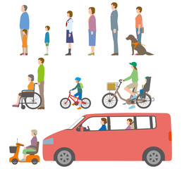 人、自転車、自動車を側面から見たイラスト