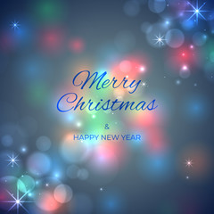 Merry Christmas and happy new year holiday banner. Soft blurred bokeh holiday background. Colourful christmas lights. Glowing lights on blue background. Vector xmas party, greeting card design