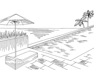 Swimming pool balcony graphic black white landscape sketch illustration vector