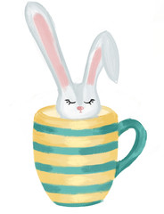illustration of a cute gray rabbit in a green and yellow mug