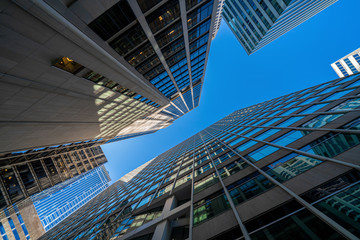 Fototapeta na wymiar Modern office glasses buildings cityscape under blue clear sky in Washington DC, USA, outdoors financial skyscraper concept, symmetric and perspective architecture