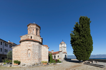 Fototapeta na wymiar Macedonian landmark, the Holy historic church Sveti Naum on the coast of lake Ohrid