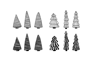 Fir tree line drawing set. Hand drawn Christmas trees collection isolated on white.