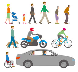 人、自転車、自動車を側面から見たイラスト