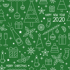 Christmas seamless pattern on green background. Happy New Year 2020. Decoration for winter holidays. Minimalist style.