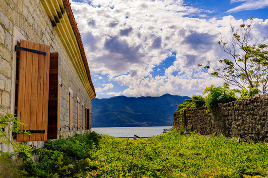 Stone walls of the 15th century Citadel in the Old town in Budva Montenegro overlooking the Adriatic Sea in the Balkans