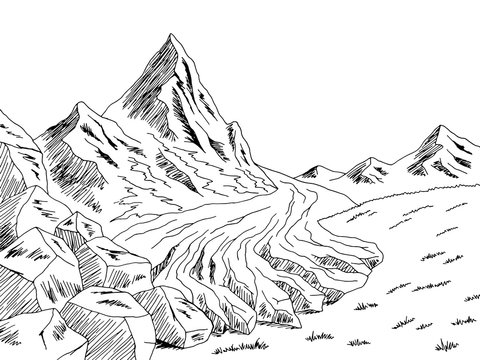 Glacier mountains hill graphic black white landscape sketch illustration vector