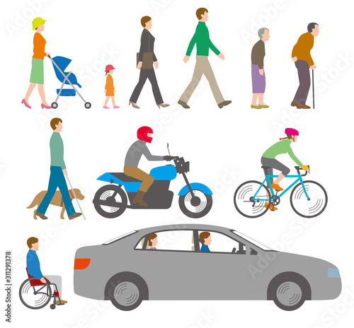 人 自転車 自動車を側面から見たイラスト Wall Mural Hiro 人 自転車 自動車を側面から見たイラスト Wall Mural Hiro
