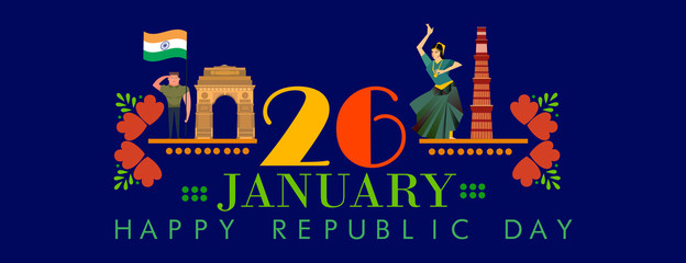 Illustration of Happy Indian Republic day poster on indian background concept with text 26 January.
