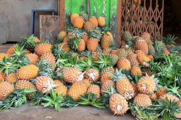 ripe and fragrant pineapples on a bright green background. concept of summer, relaxation and healthy food