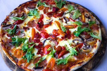 Chorizo, tomato and mozzarella cheese pizza