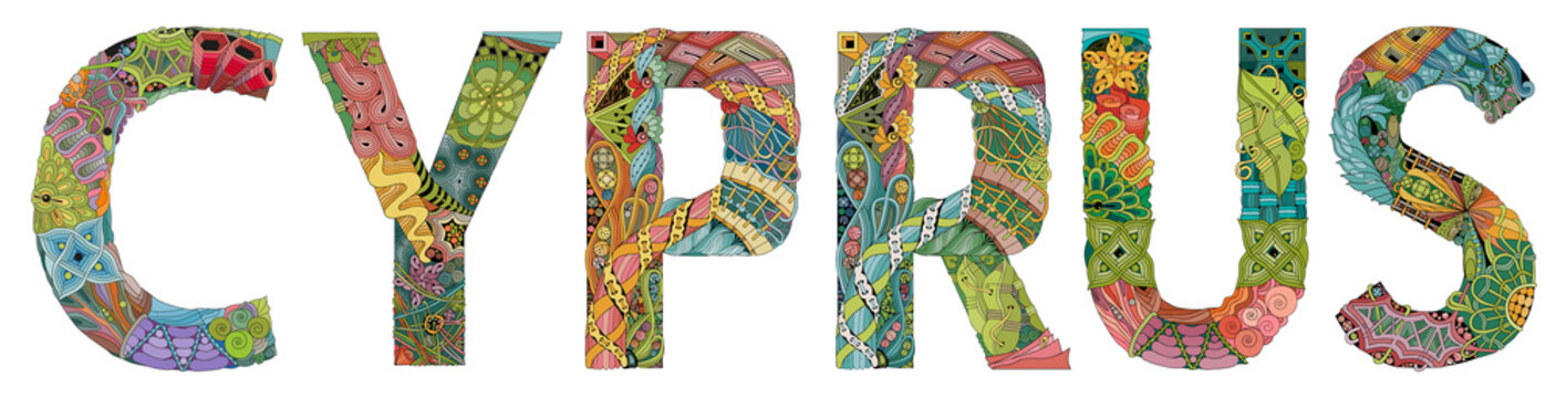 Word Cyprus. Vector decorative zentangle object for decoration