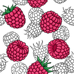 seamless pattern pink, black and white raspberries , symbol of summer. design holiday greeting card and invitation of seasonal summer holidays, beach parties, tourism and travel