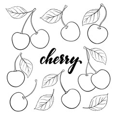 set of Beautiful cartoon black and white outline cherry with lettering text cherry. design for holiday greeting card and invitation of seasonal summer holidays, beach parties, tourism and travel.