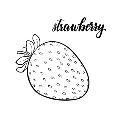 Beautiful cartoon black and white outline strawberry with lettering text strawberry. design for holiday greeting card and invitation of seasonal summer holidays, beach parties, tourism and travel