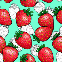 seamless pattern red strawberry with black and white outline strawberry background. design holiday greeting card and invitation of seasonal summer holidays, beach parties, tourism and travel