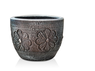 Di cut antique black clay pot on white background, object, copy space