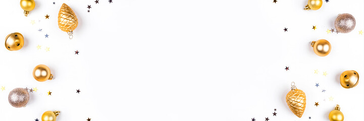 Festive white background with gold Christmas decorations. Flat lay, top view. Copy space for text.